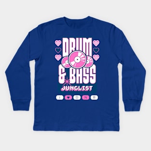 DRUM AND BASS  - 3 Records & Hearts (Navy/Pink) Kids Long Sleeve T-Shirt